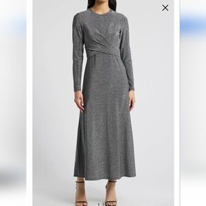 Draped Metallic Long Sleeve Maxi Dress